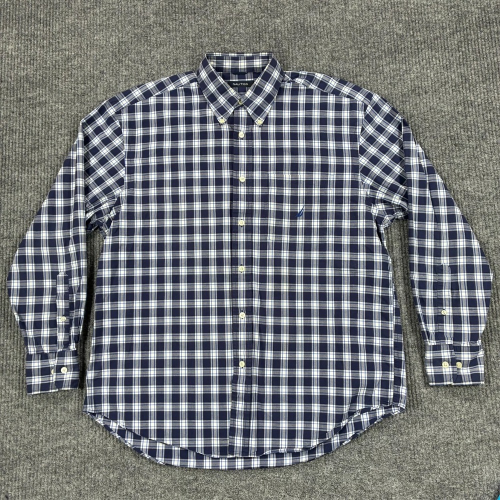 Nautica Mens Button Down Shirt Large Blue Plaid Long Sleeve Cotton Logo Pocket